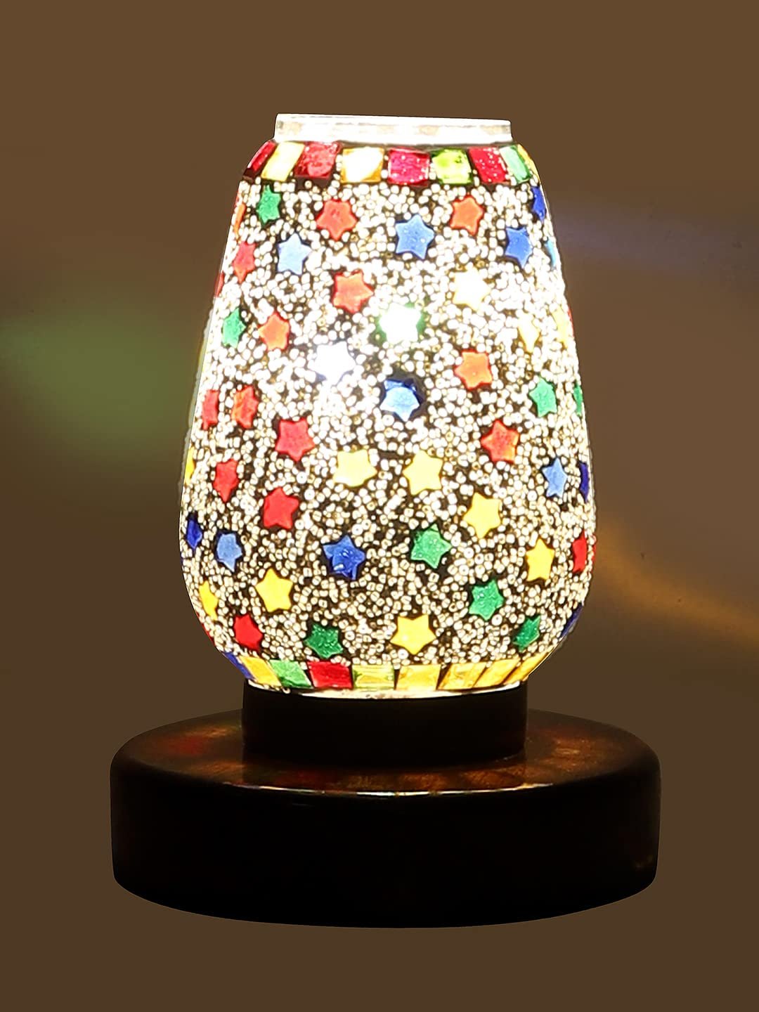 Brown Round Wood Multicolor Mosaic Glass Table Lamp -FD44