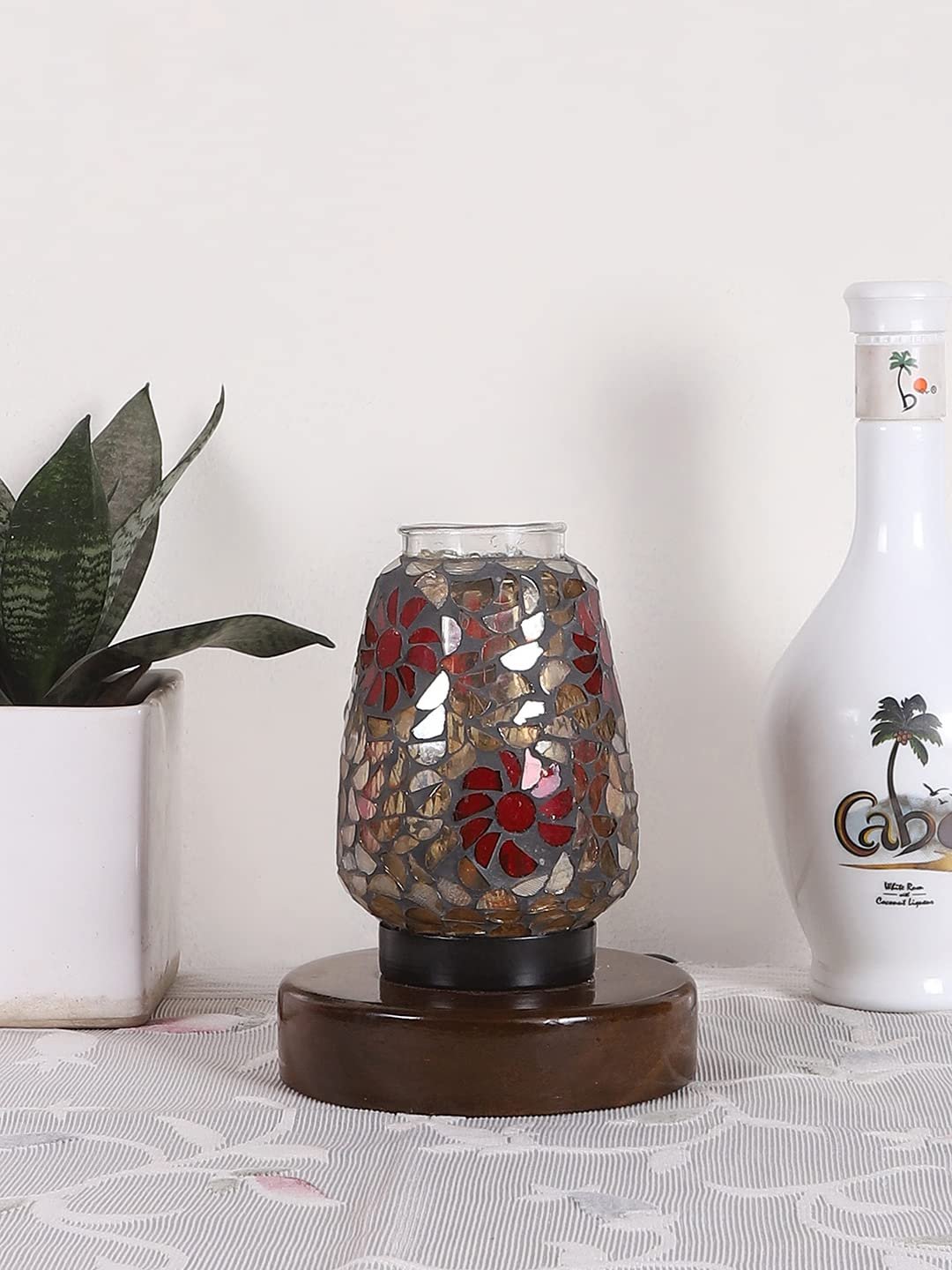 Brown Round Wood Multicolor Mosaic Glass Table Lamp -FD45