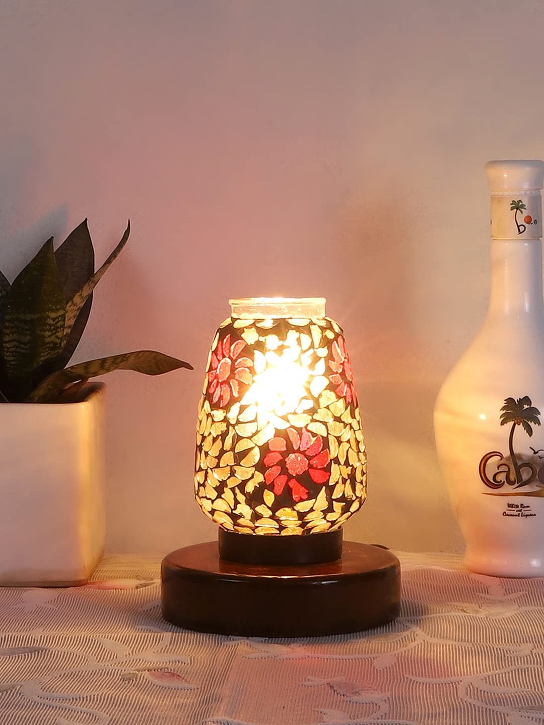 Brown Round Wood Multicolor Mosaic Glass Table Lamp -FD45