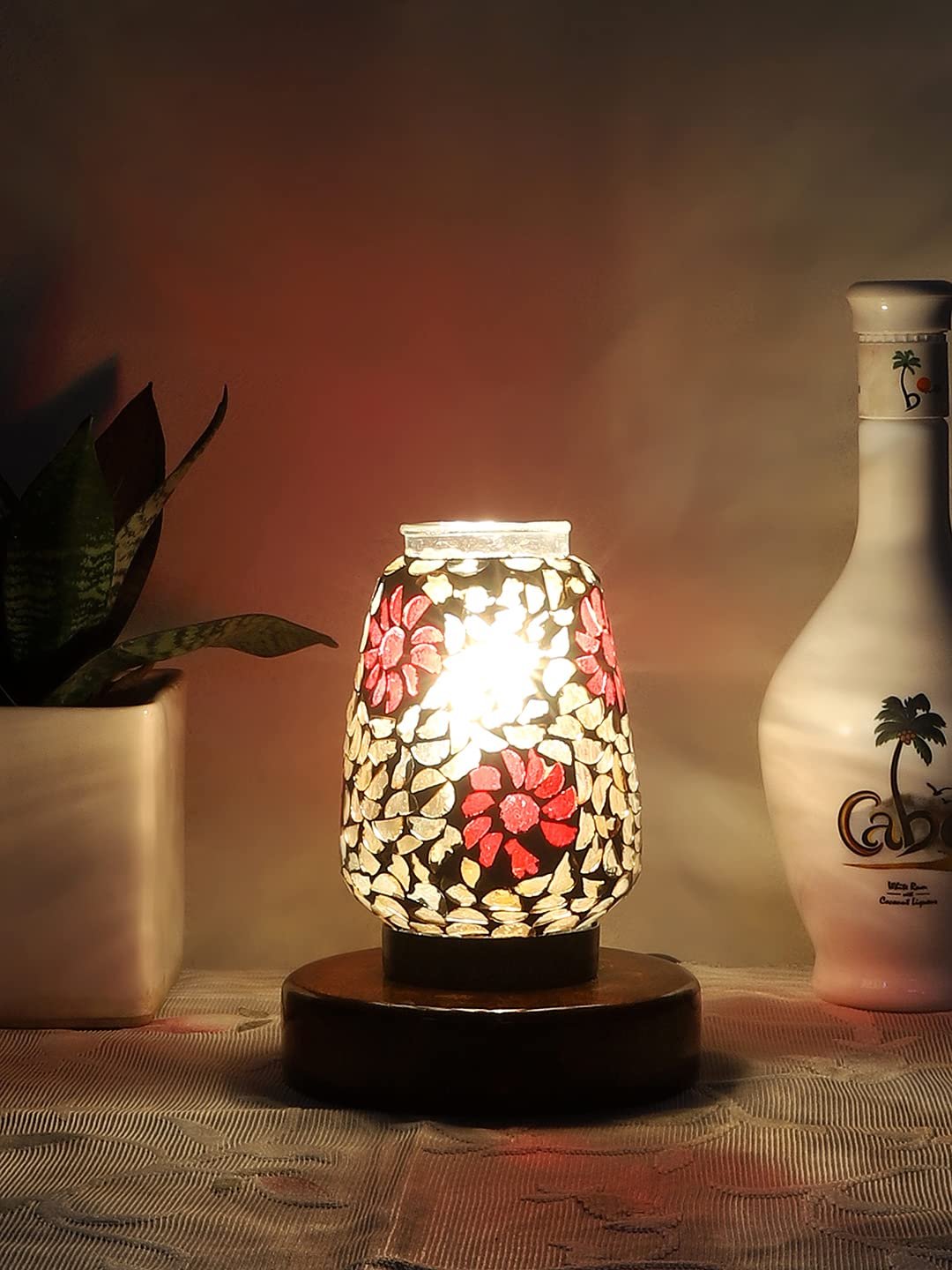 Brown Round Wood Multicolor Mosaic Glass Table Lamp -FD45