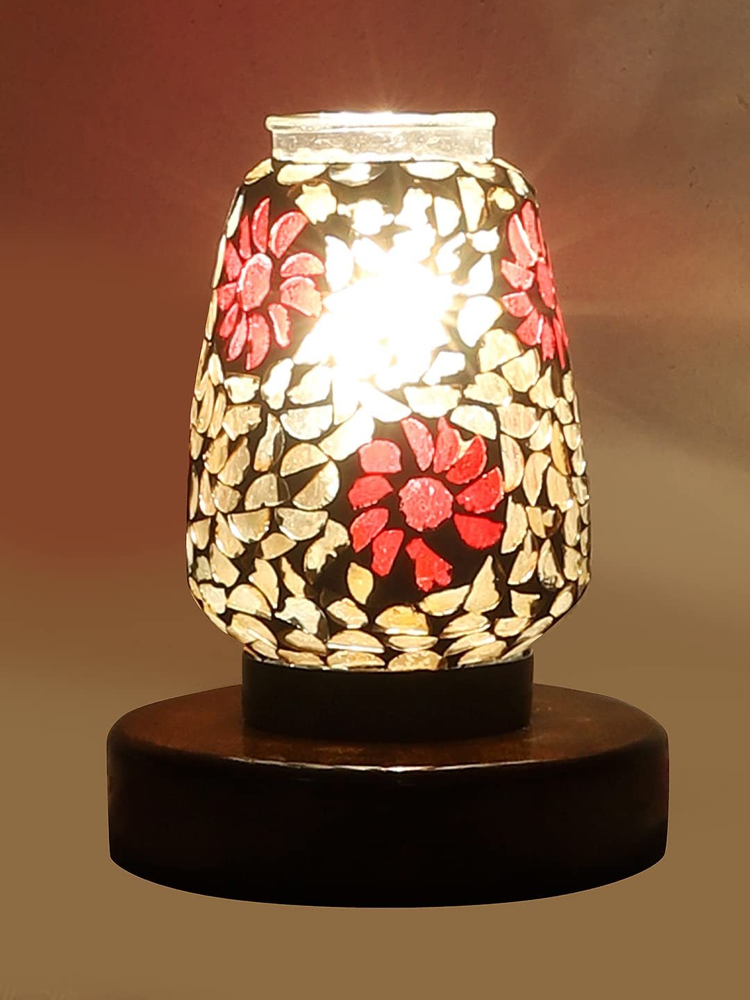Brown Round Wood Multicolor Mosaic Glass Table Lamp -FD45