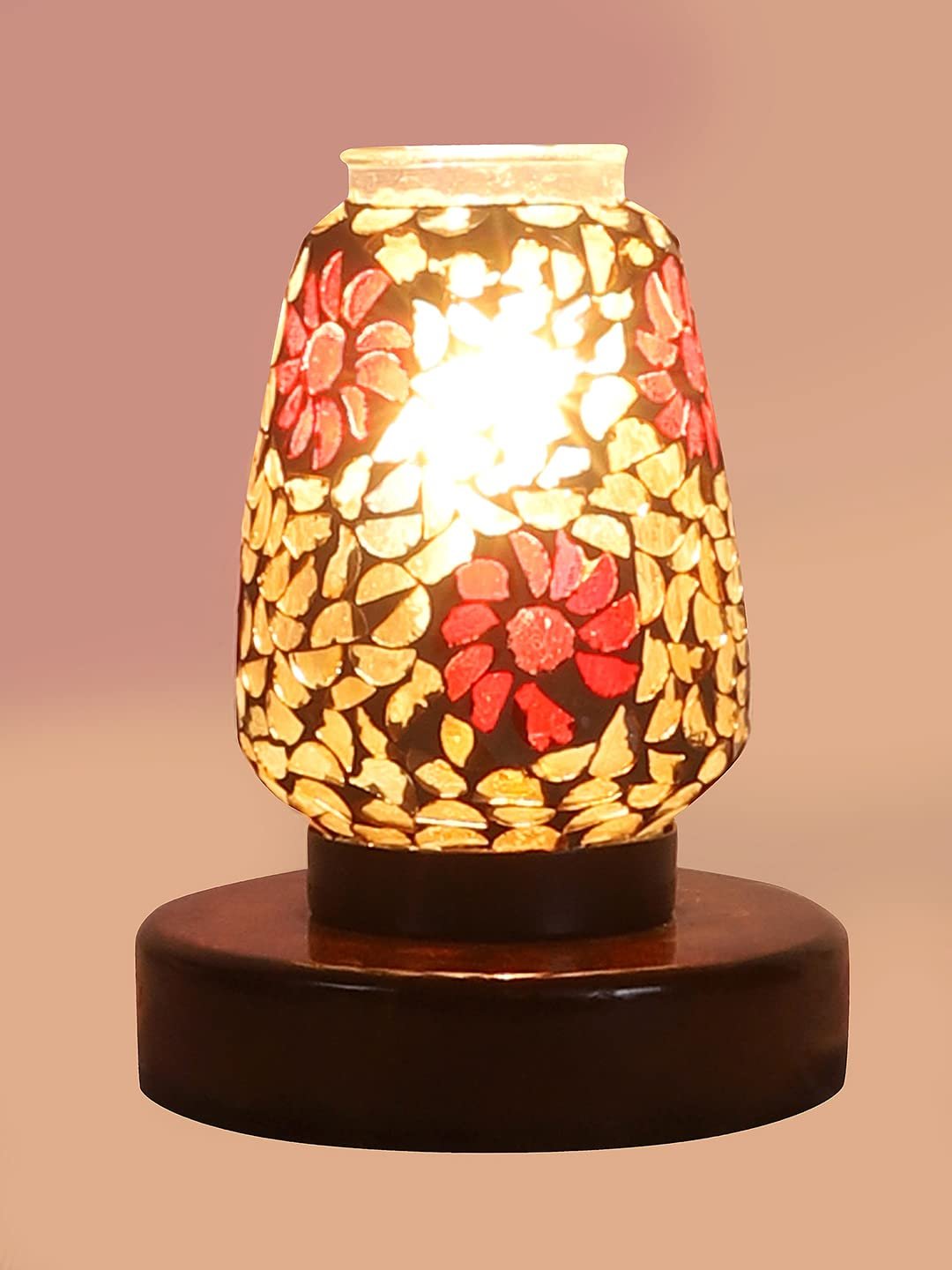 Brown Round Wood Multicolor Mosaic Glass Table Lamp -FD45