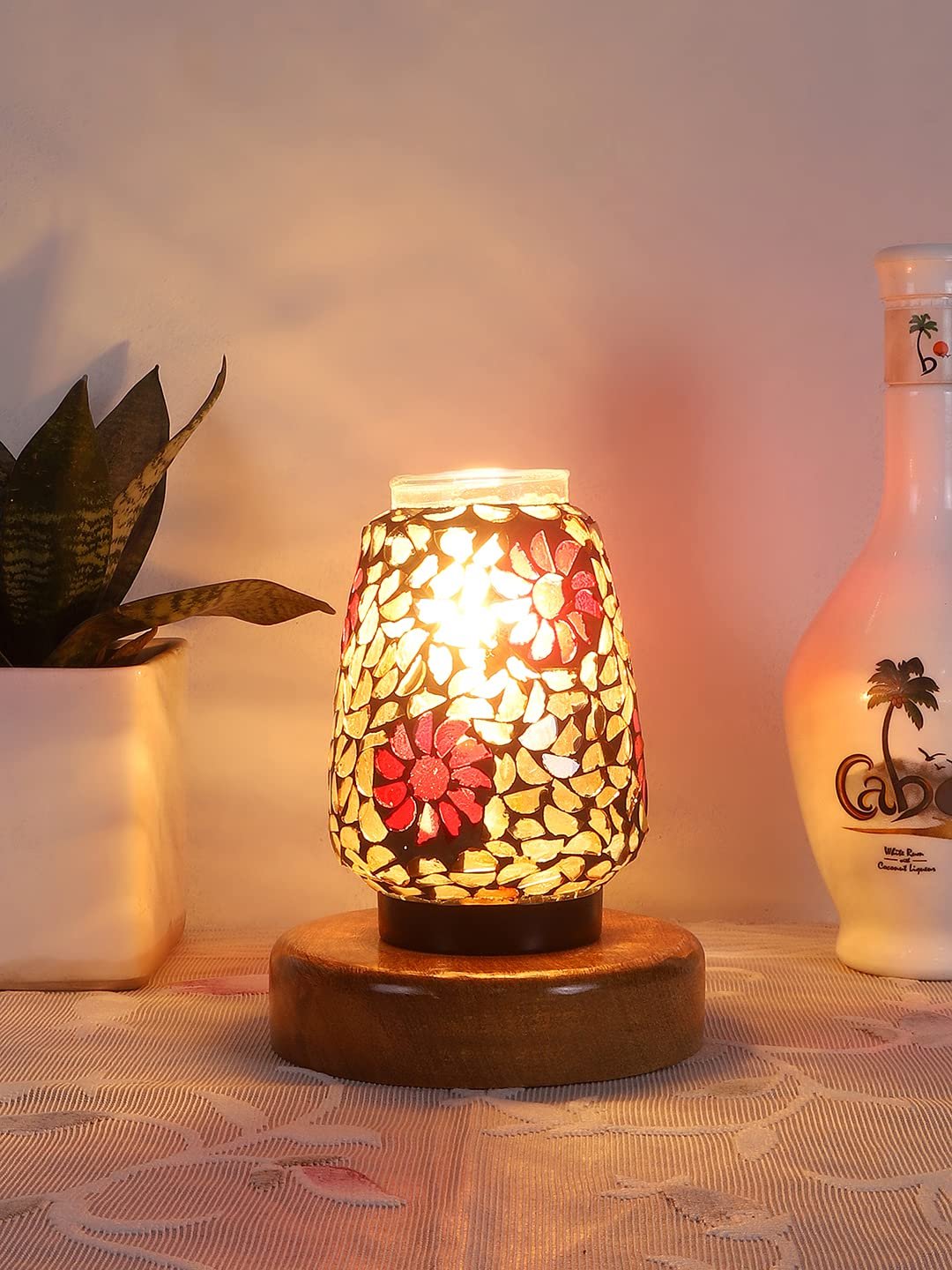 Natural Round Wood Multicolor Mosaic Glass Table Lamp -FD46