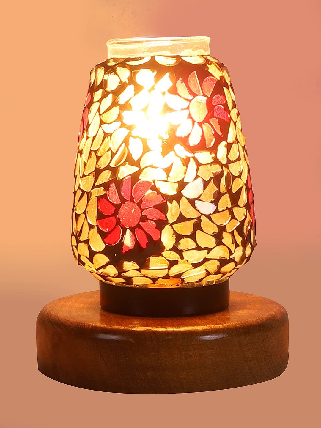 Natural Round Wood Multicolor Mosaic Glass Table Lamp -FD46
