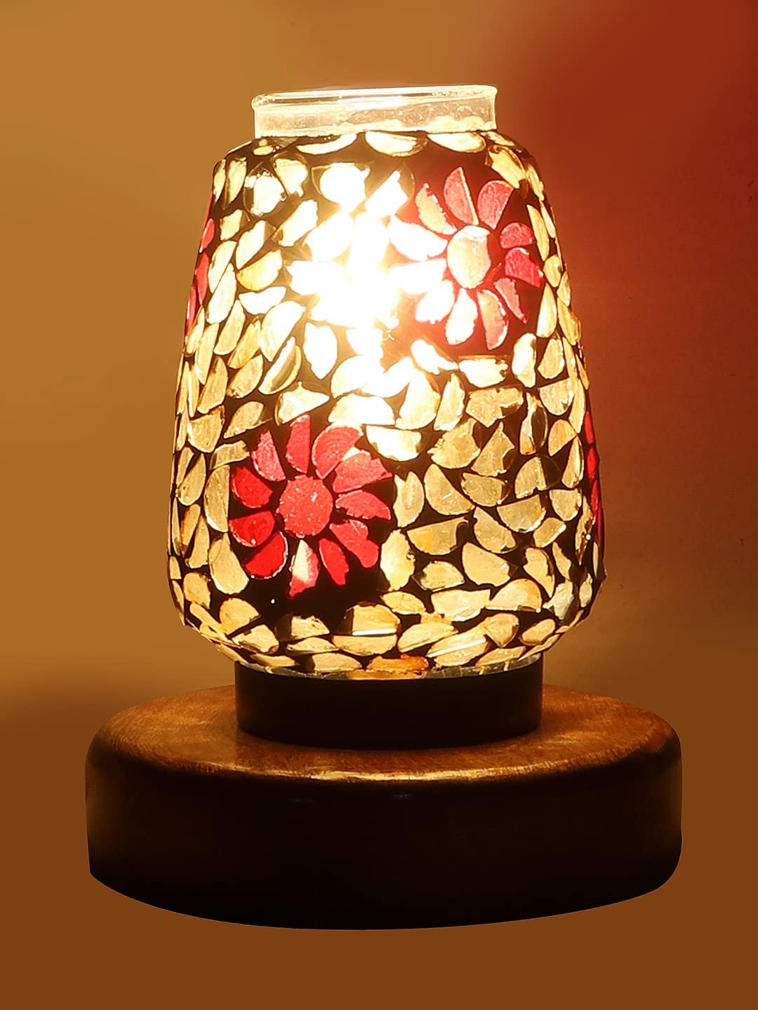 Natural Round Wood Multicolor Mosaic Glass Table Lamp -FD46
