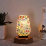 Natural Round Wood Multicolor Mosaic Glass Table Lamp -FD48