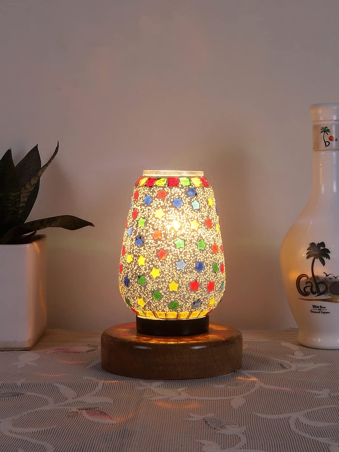 Natural Round Wood Multicolor Mosaic Glass Table Lamp -FD48