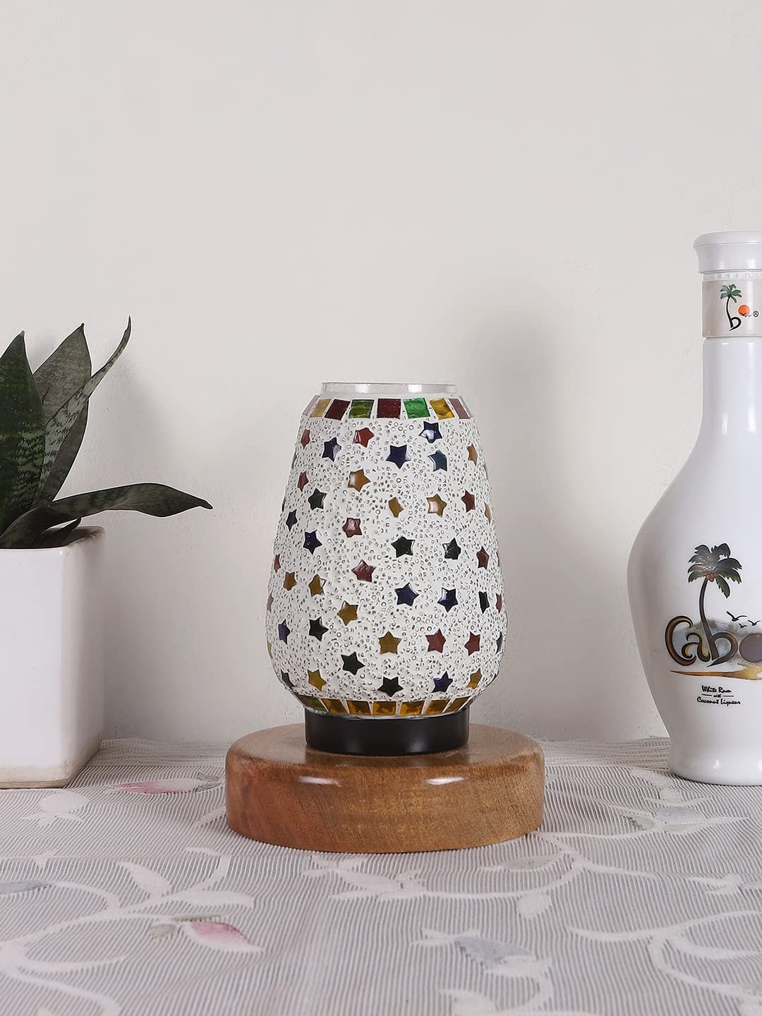 Natural Round Wood Multicolor Mosaic Glass Table Lamp -FD48