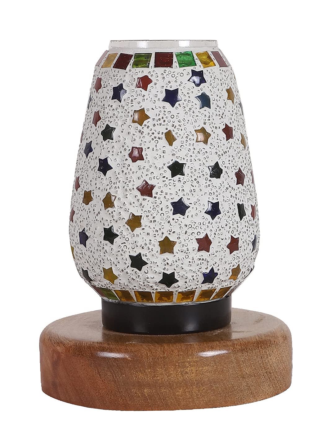 Natural Round Wood Multicolor Mosaic Glass Table Lamp -FD48