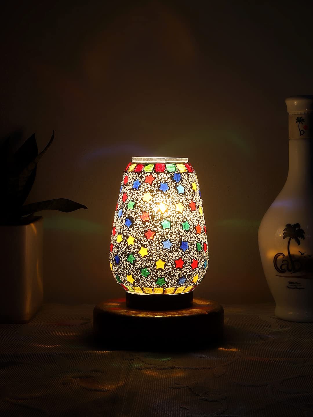 Natural Round Wood Multicolor Mosaic Glass Table Lamp -FD48