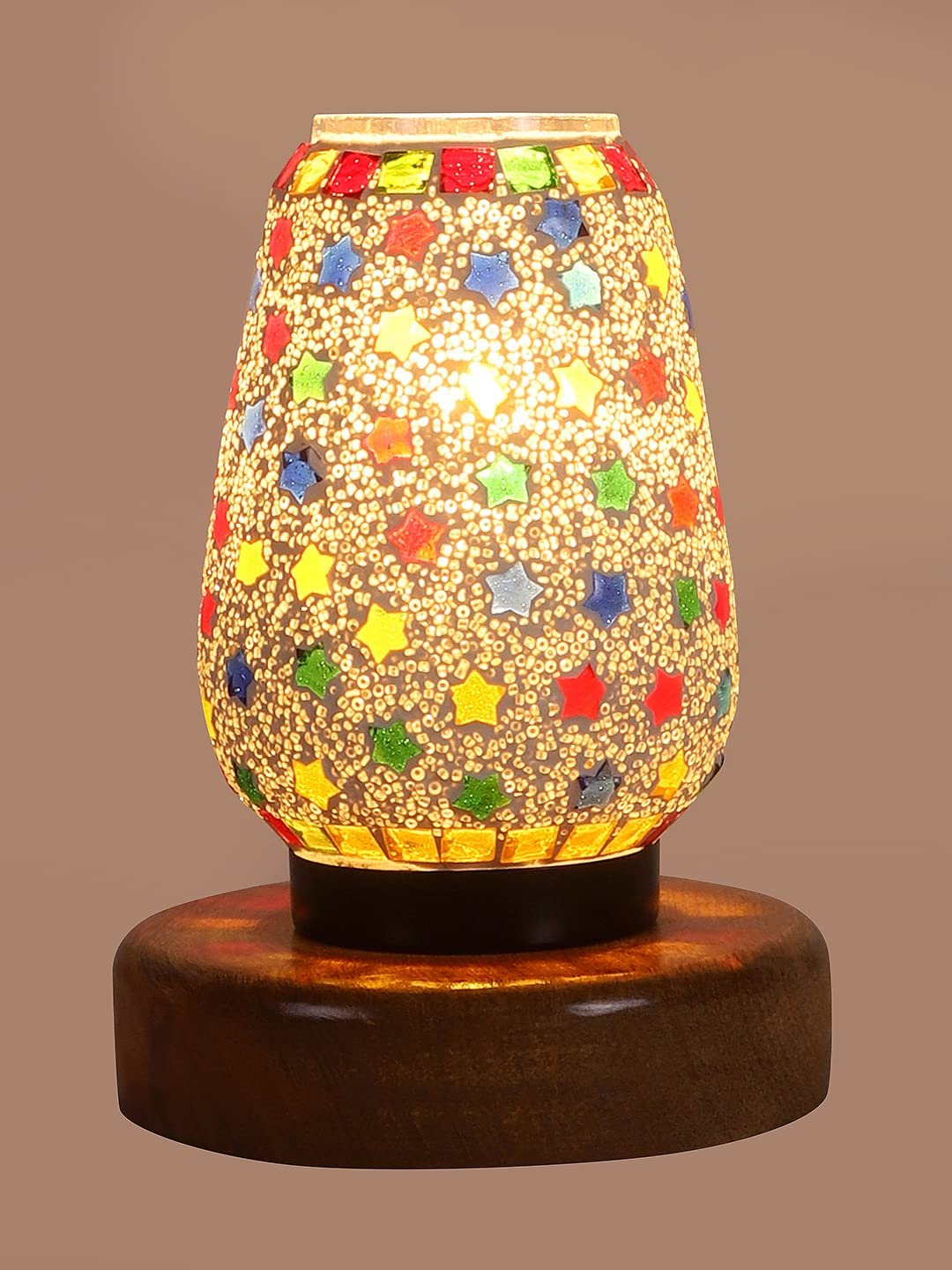 Natural Round Wood Multicolor Mosaic Glass Table Lamp -FD48