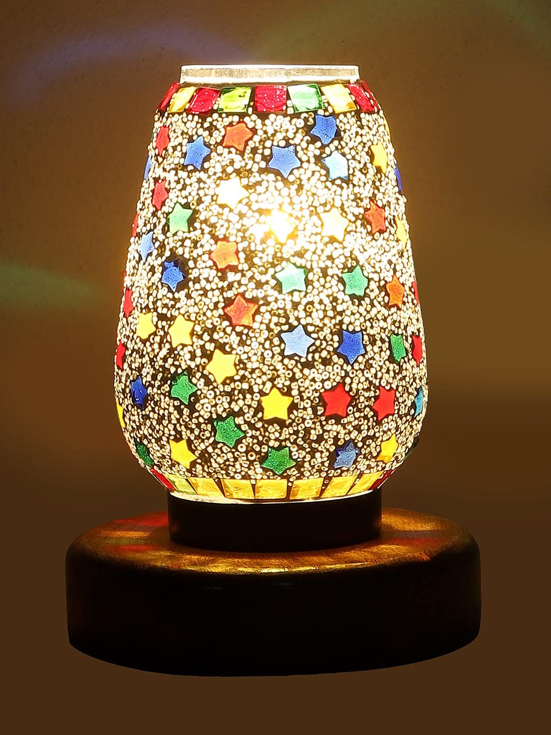 Natural Round Wood Multicolor Mosaic Glass Table Lamp -FD48