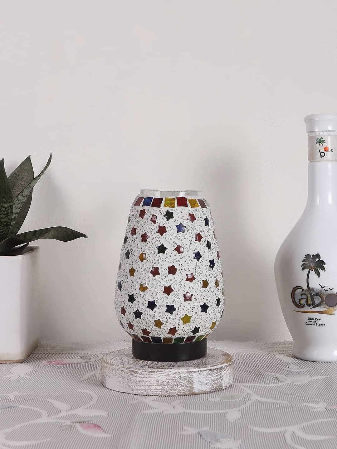 White Brushed Round Wood Multicolor Mosaic Glass Table Lamp -FD49