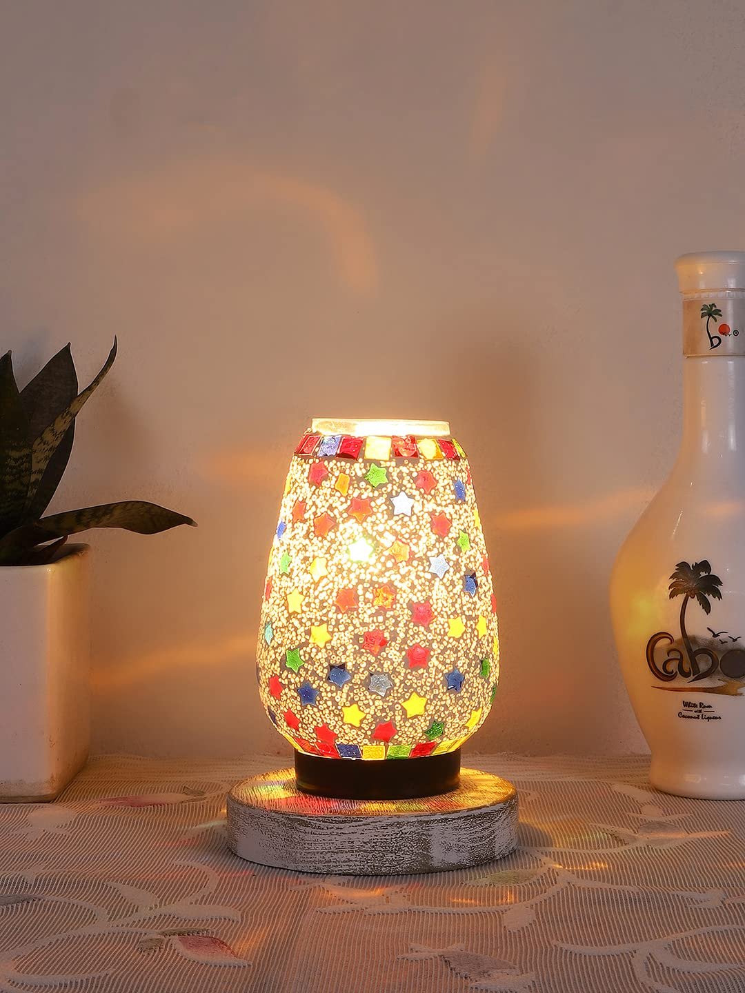 White Brushed Round Wood Multicolor Mosaic Glass Table Lamp -FD49