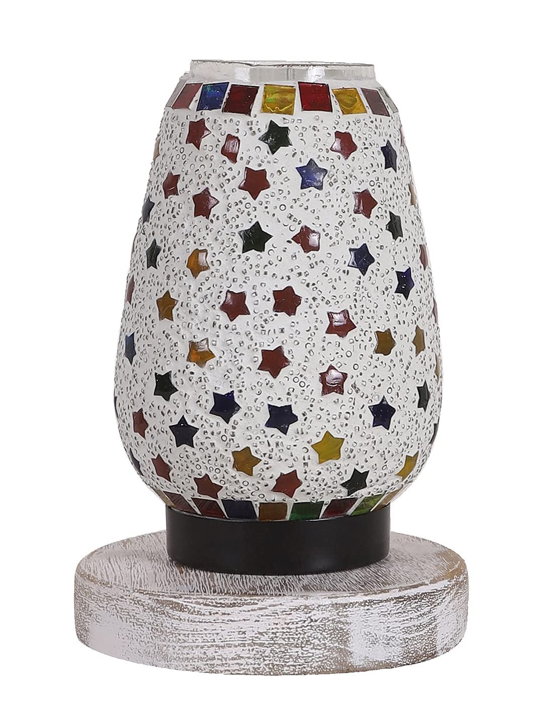White Brushed Round Wood Multicolor Mosaic Glass Table Lamp -FD49