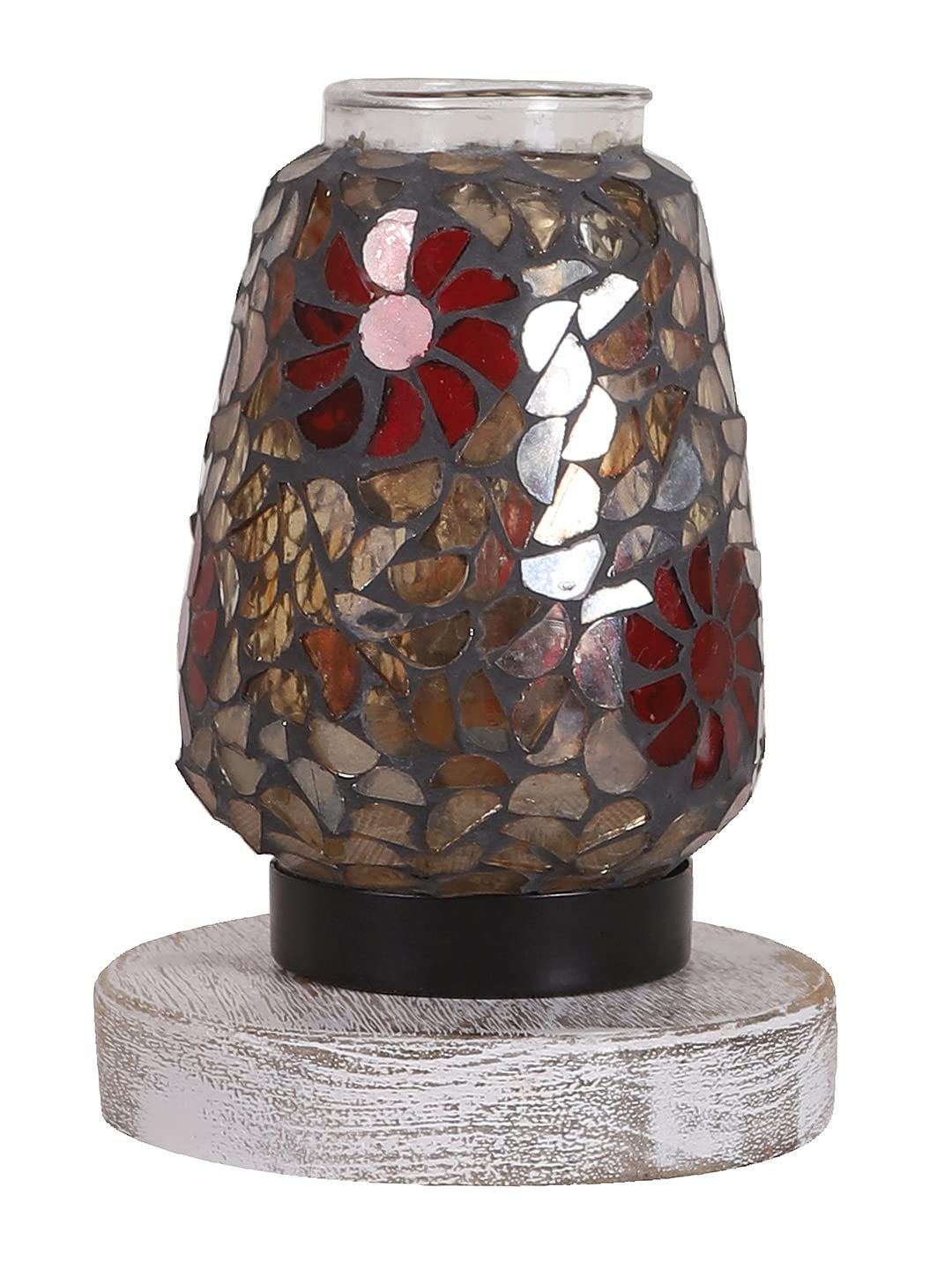 White Brushed Round Wood Multicolor Mosaic Glass Table Lamp -FD50