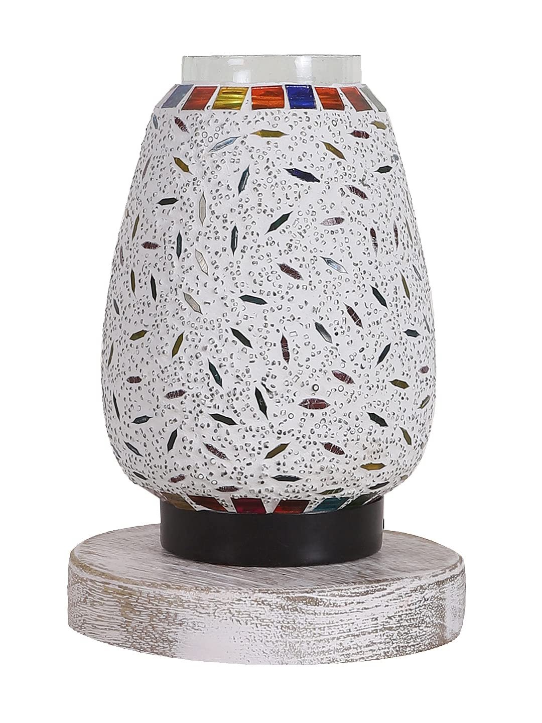 White Brushed Round Wood Multicolor Mosaic Glass Table Lamp -FD51