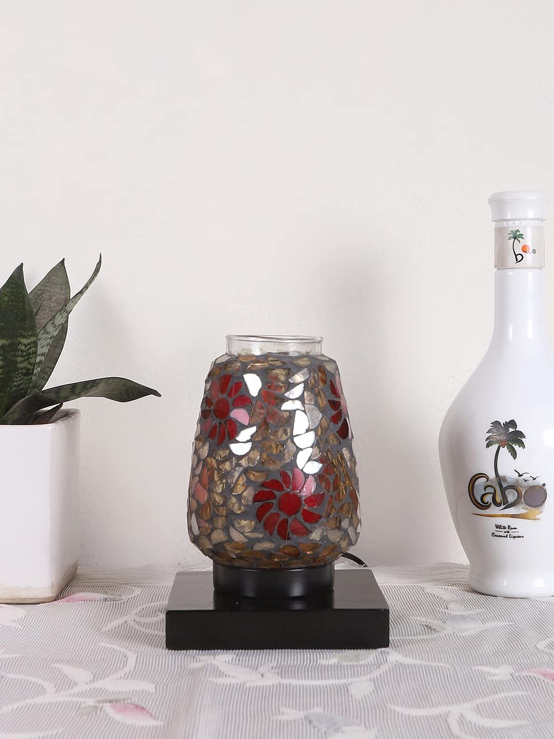 Black Square Wood Multicolor Mosaic Glass Table Lamp -FD52