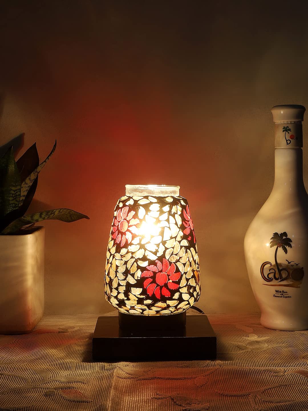 Black Square Wood Multicolor Mosaic Glass Table Lamp -FD52