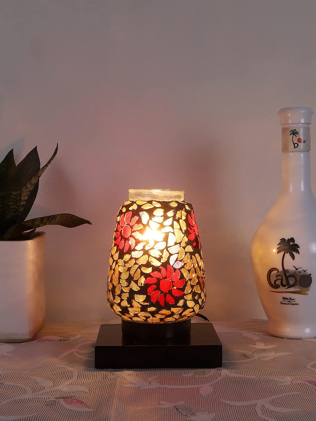 Black Square Wood Multicolor Mosaic Glass Table Lamp -FD52