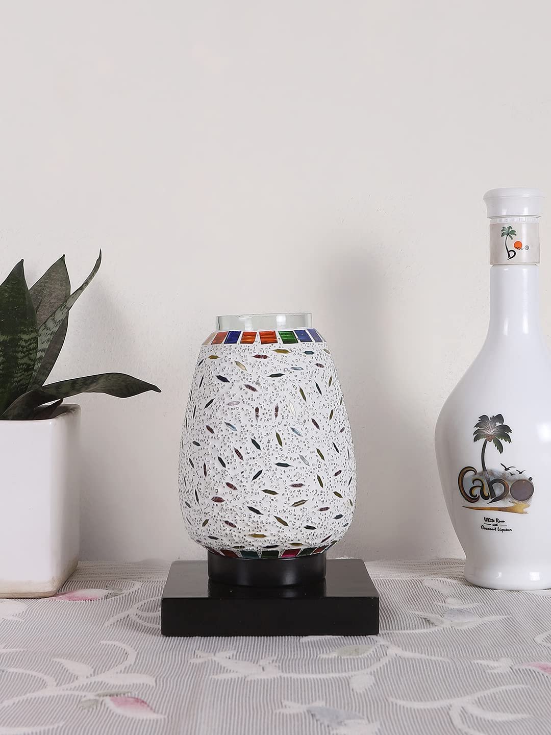 Black Square Wood Multicolor Mosaic Glass Table Lamp -FD53