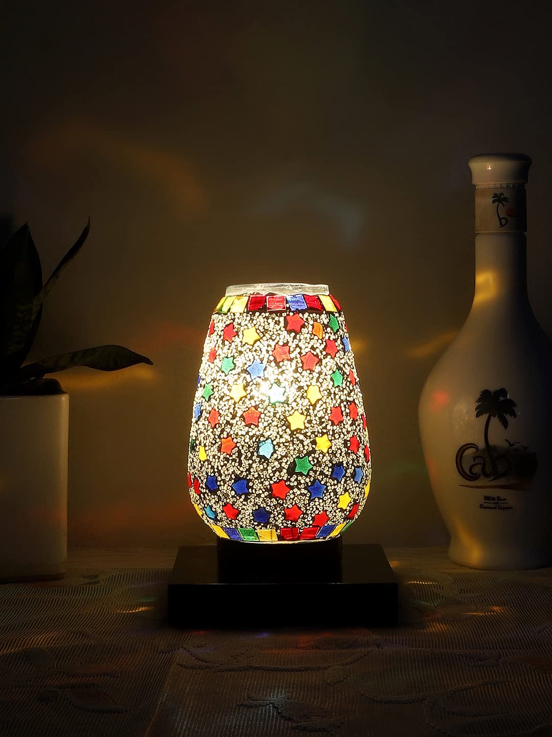 Black Square Wood Multicolor Mosaic Glass Table Lamp -FD54