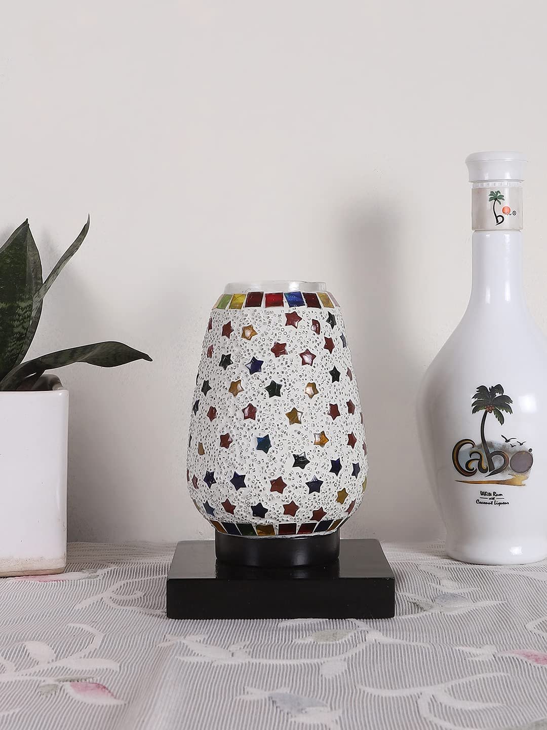 Black Square Wood Multicolor Mosaic Glass Table Lamp -FD54