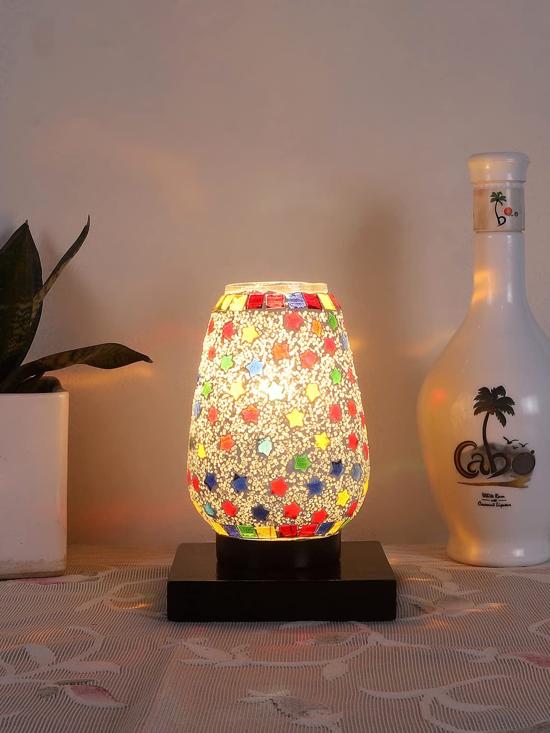 Black Square Wood Multicolor Mosaic Glass Table Lamp -FD54
