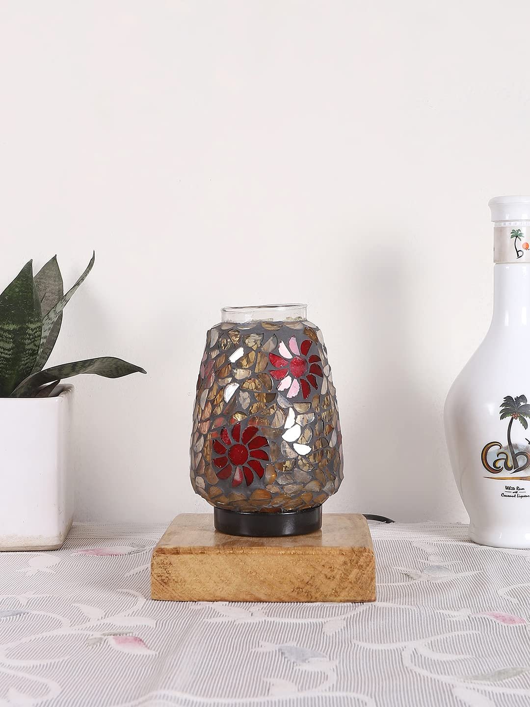 Natural Square Wood Multicolor Mosaic Glass Table Lamp -FD55