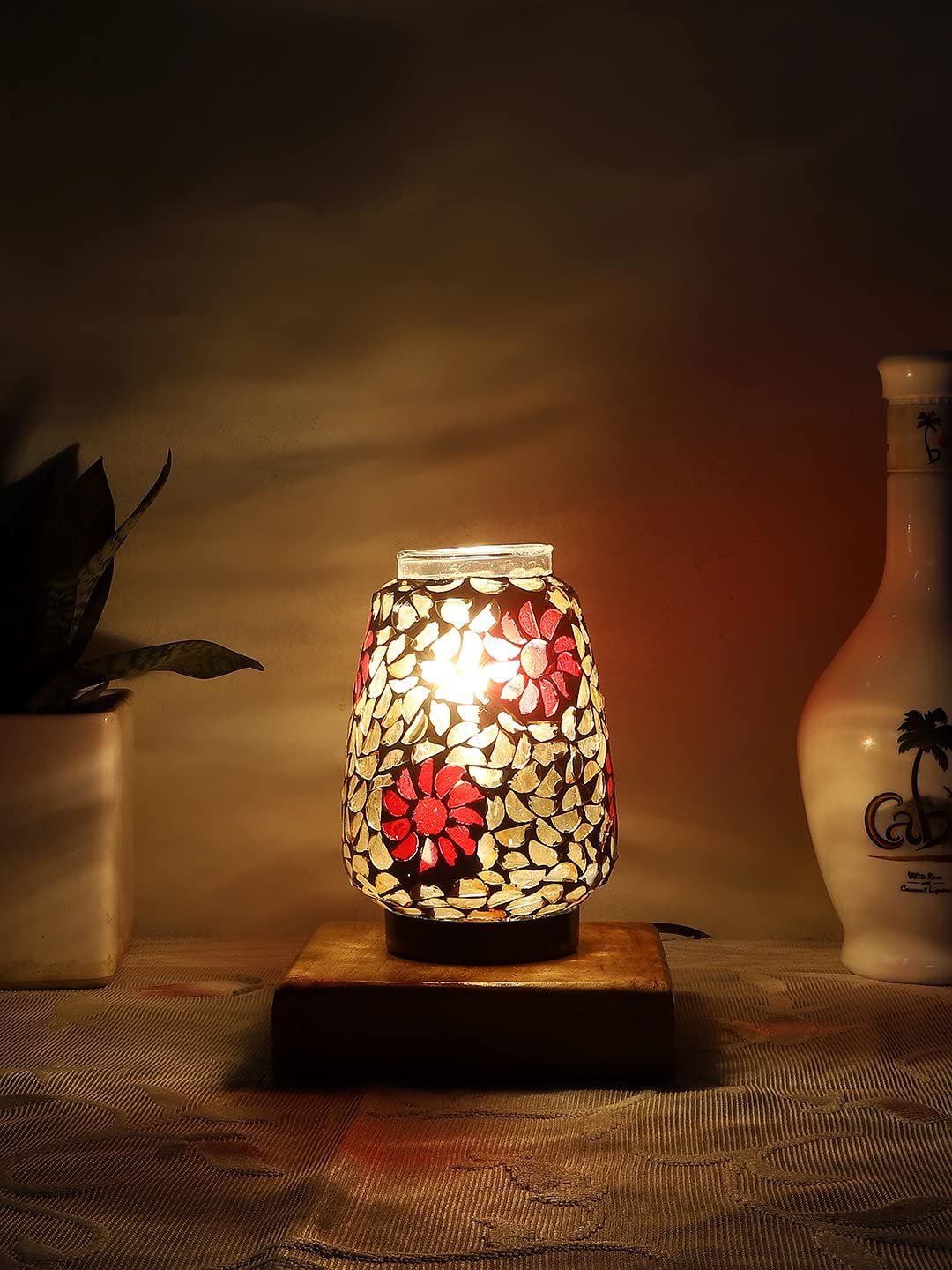Natural Square Wood Multicolor Mosaic Glass Table Lamp -FD55