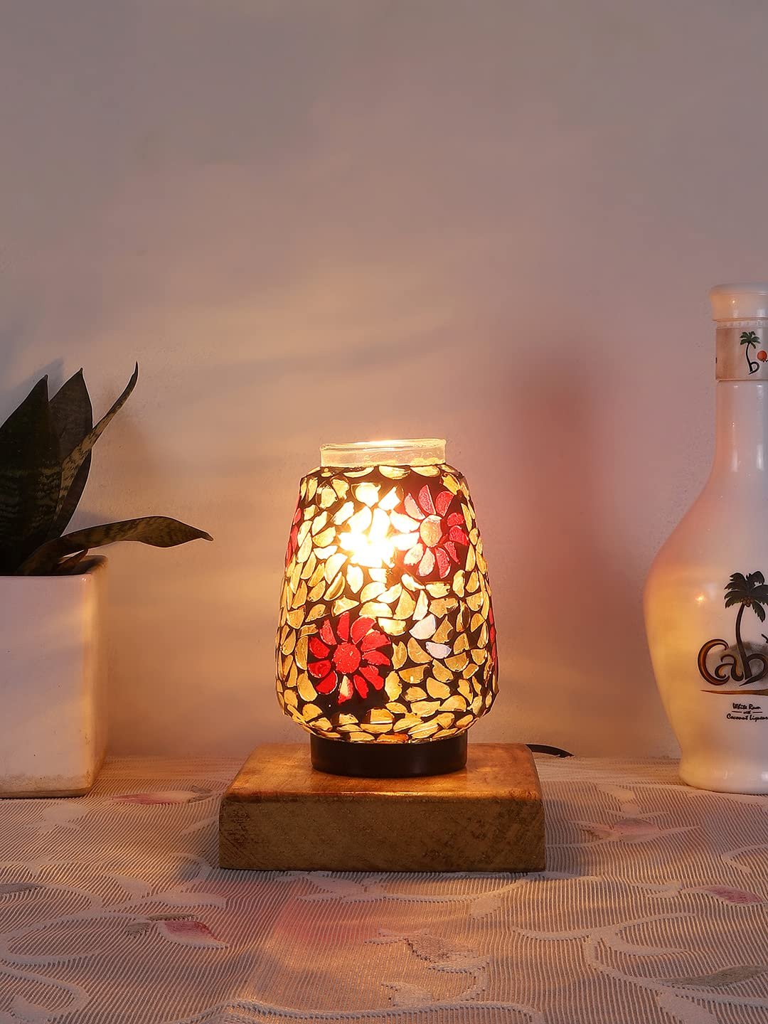 Natural Square Wood Multicolor Mosaic Glass Table Lamp -FD55