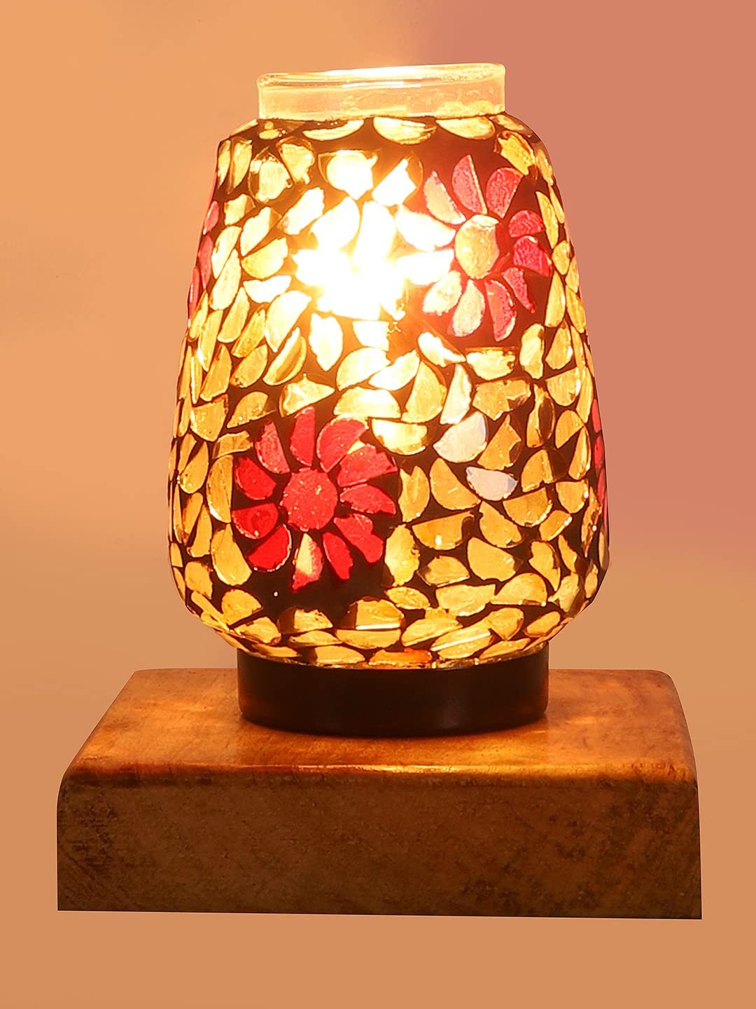 Natural Square Wood Multicolor Mosaic Glass Table Lamp -FD55