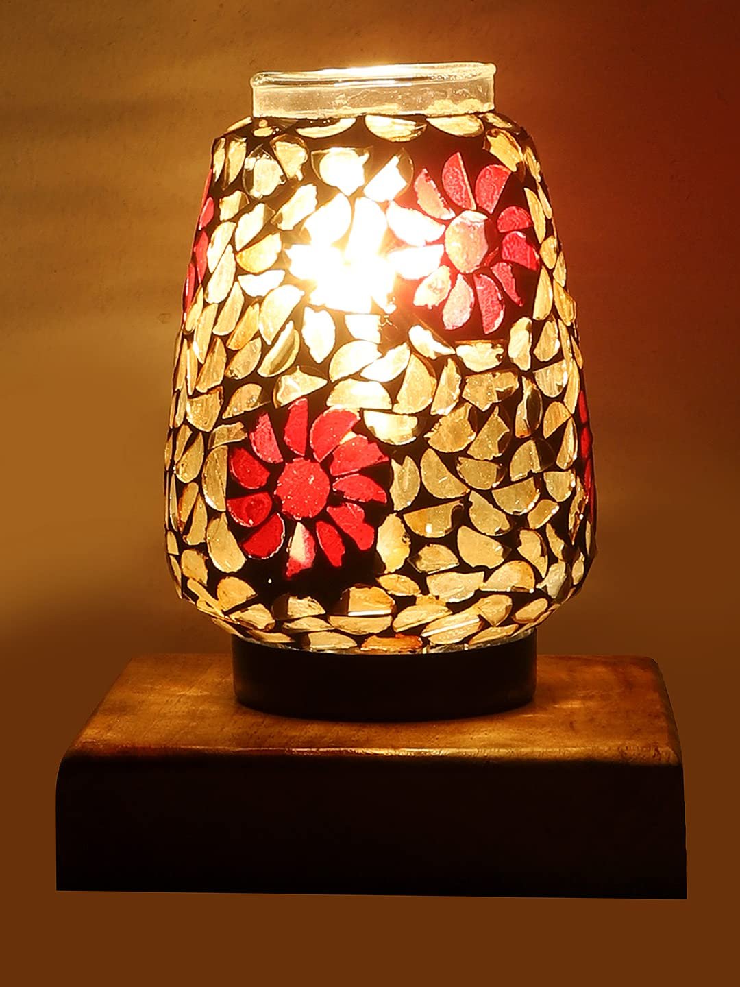 Natural Square Wood Multicolor Mosaic Glass Table Lamp -FD55