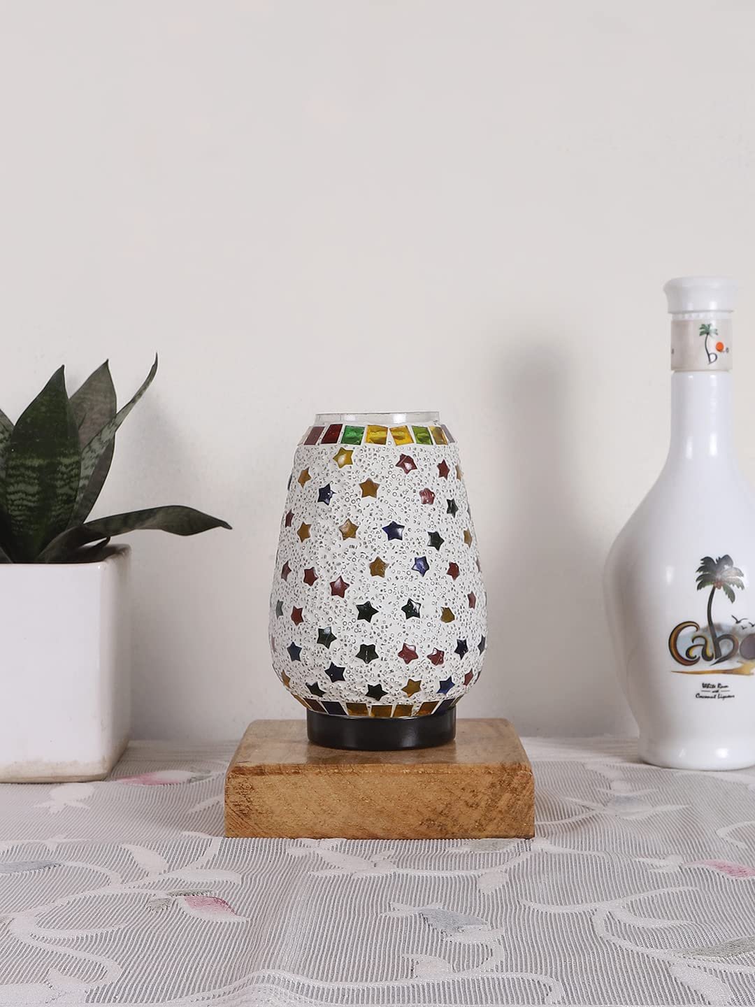 Natural Square Wood Multicolor Mosaic Glass Table Lamp -FD56