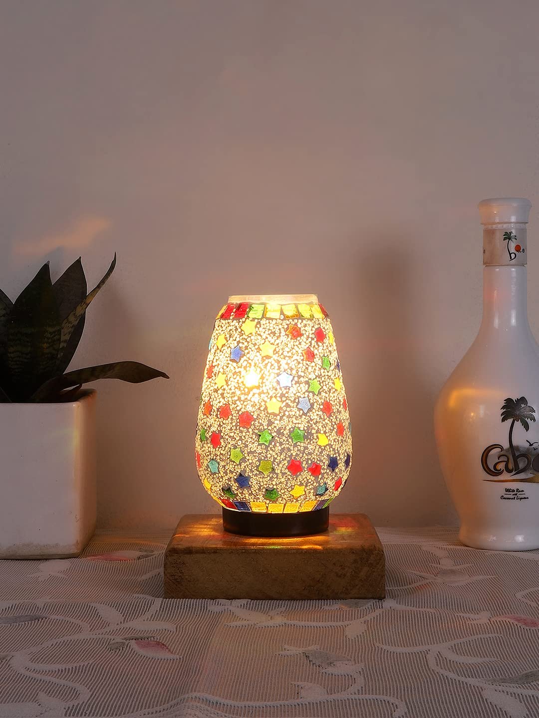 Natural Square Wood Multicolor Mosaic Glass Table Lamp -FD56