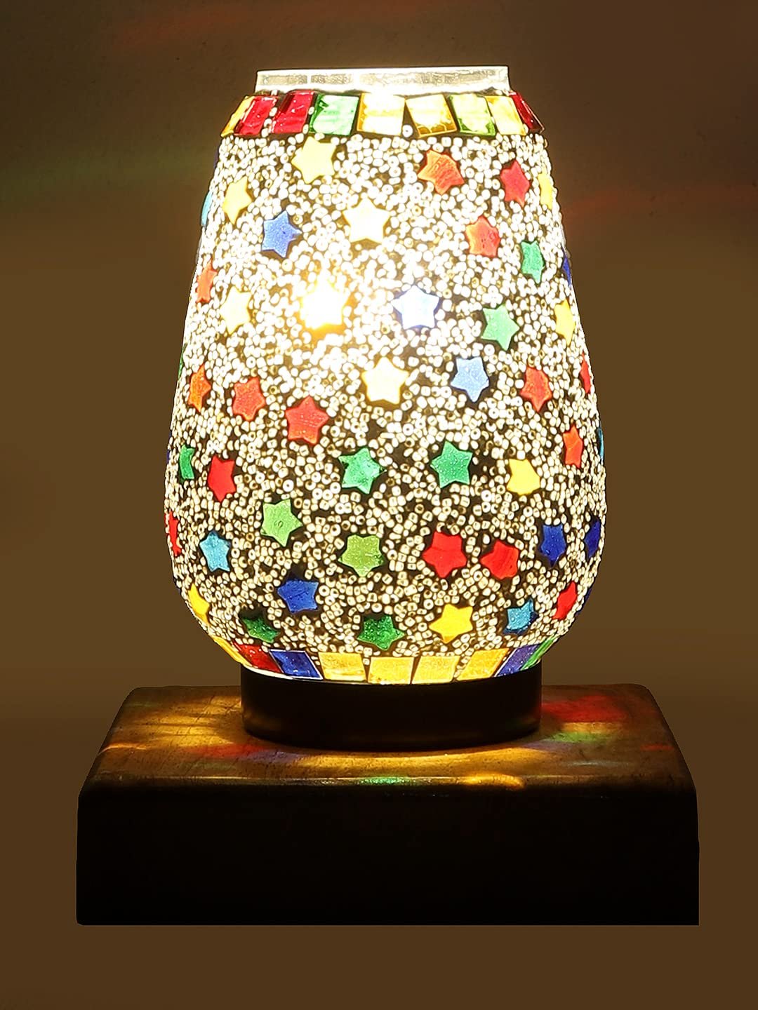 Natural Square Wood Multicolor Mosaic Glass Table Lamp -FD56