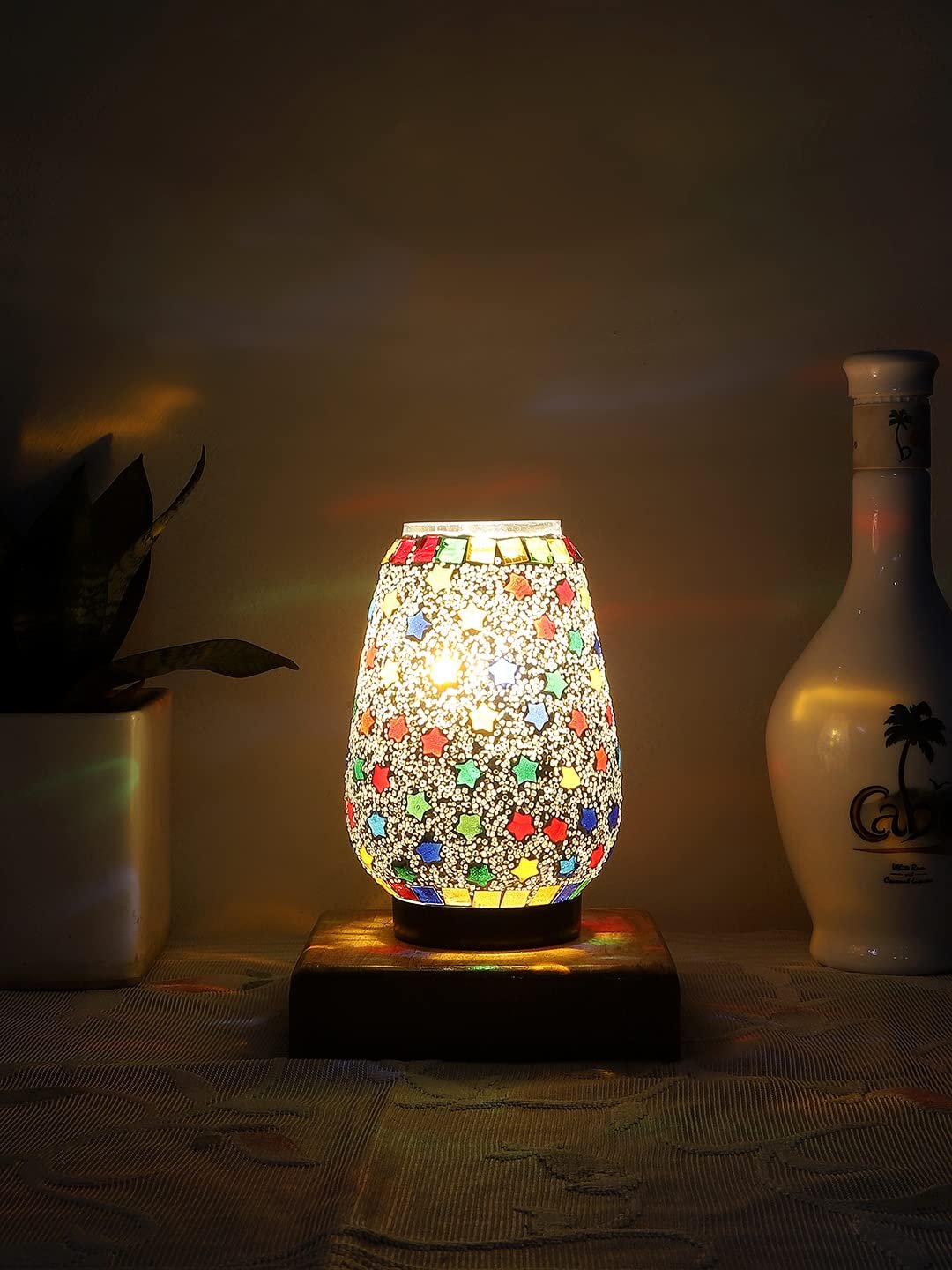 Natural Square Wood Multicolor Mosaic Glass Table Lamp -FD56