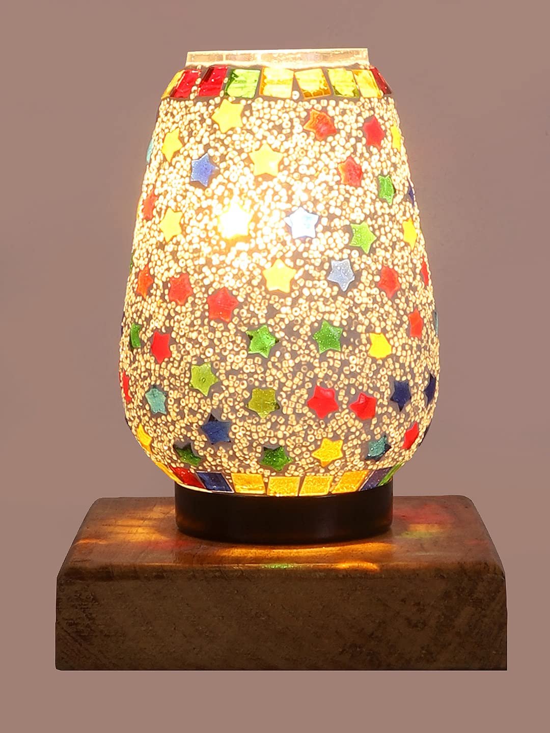 Natural Square Wood Multicolor Mosaic Glass Table Lamp -FD56