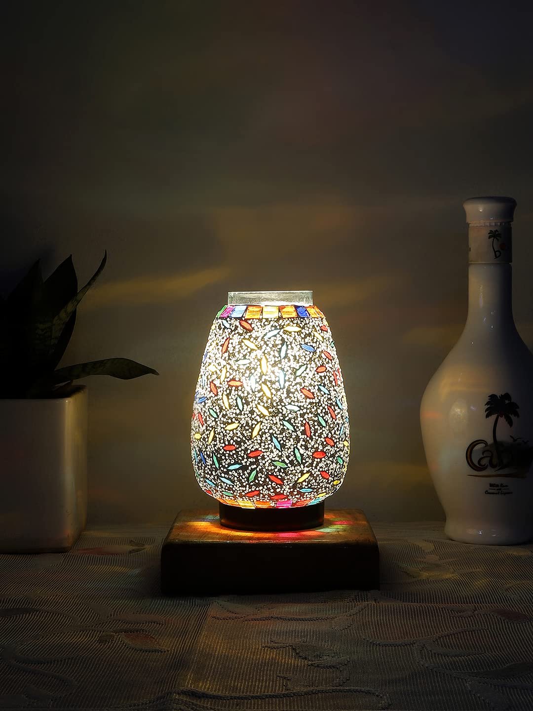 Natural Square Wood Multicolor Mosaic Glass Table Lamp -FD57
