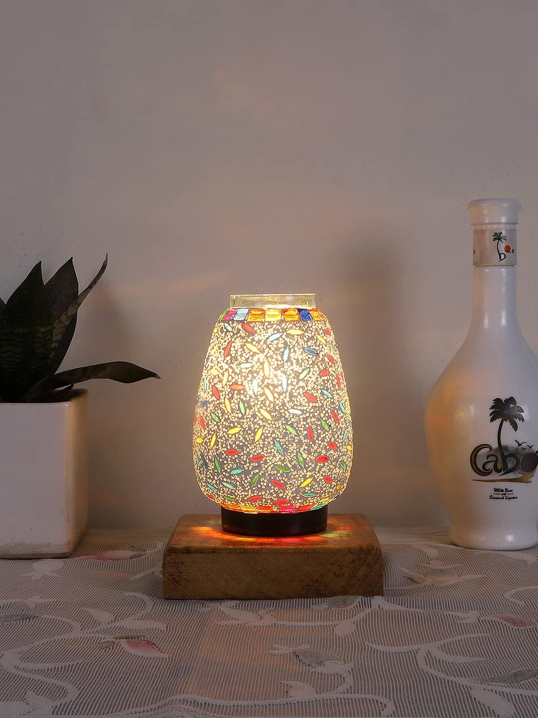 Natural Square Wood Multicolor Mosaic Glass Table Lamp -FD57