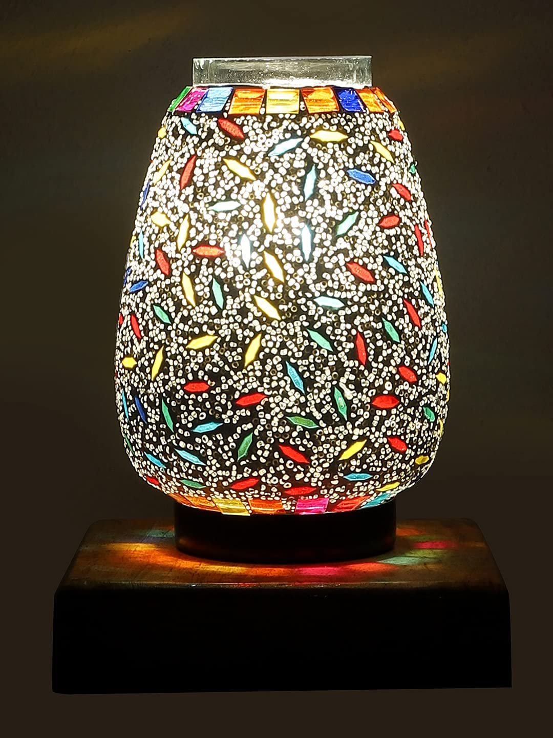 Natural Square Wood Multicolor Mosaic Glass Table Lamp -FD57