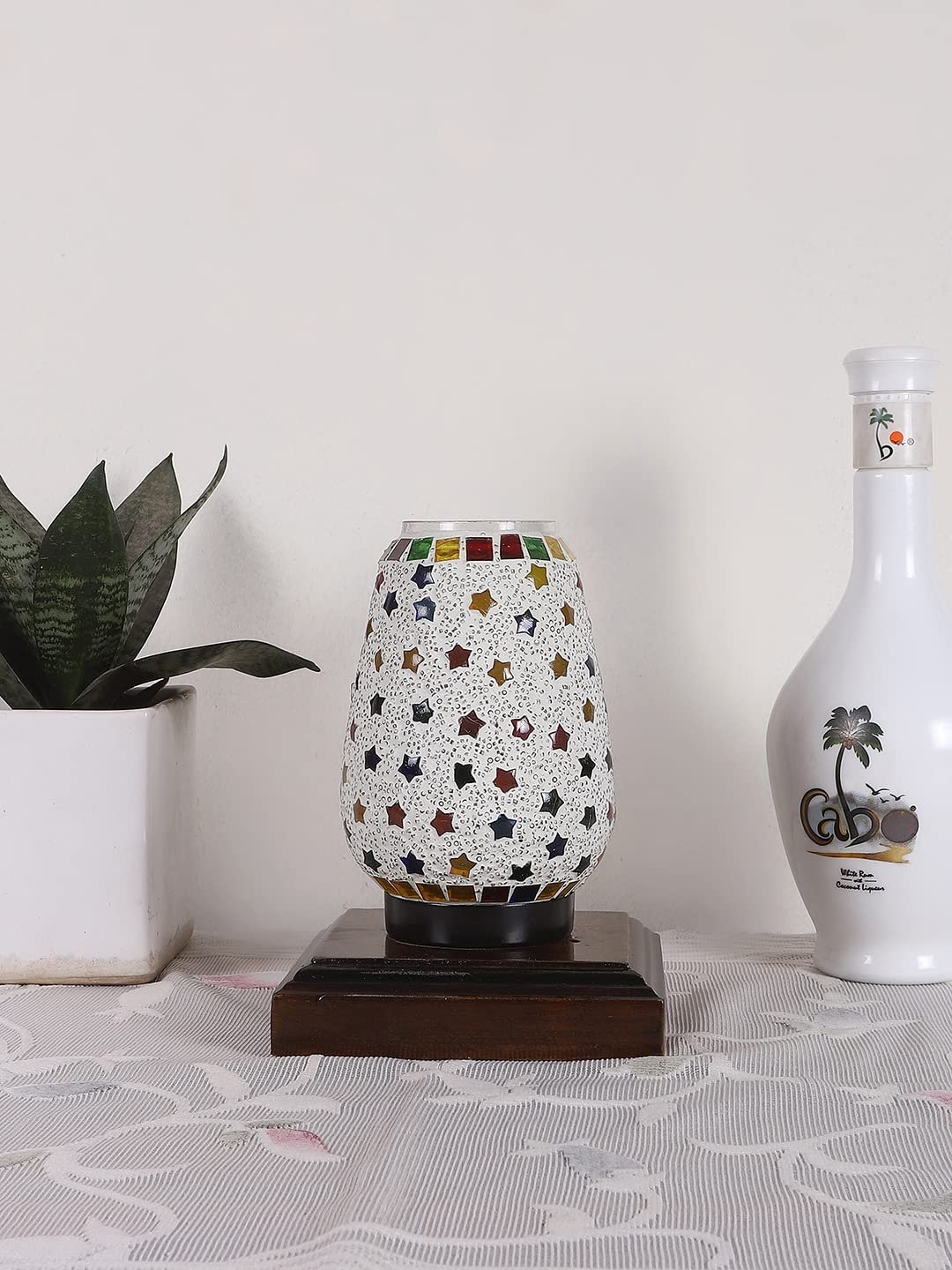 Dark Brown Square Wood Multicolor Mosaic Glass Table Lamp -FD58