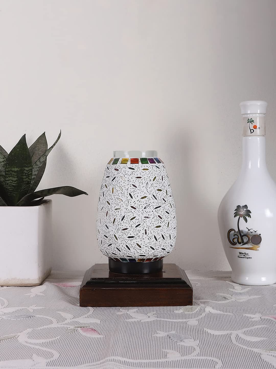 Dark Brown Square Wood Multicolor Mosaic Glass Table Lamp -FD59