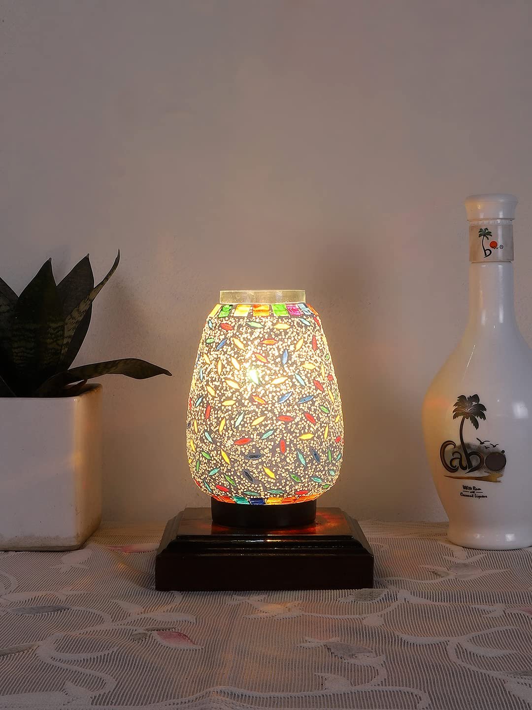 Dark Brown Square Wood Multicolor Mosaic Glass Table Lamp -FD59