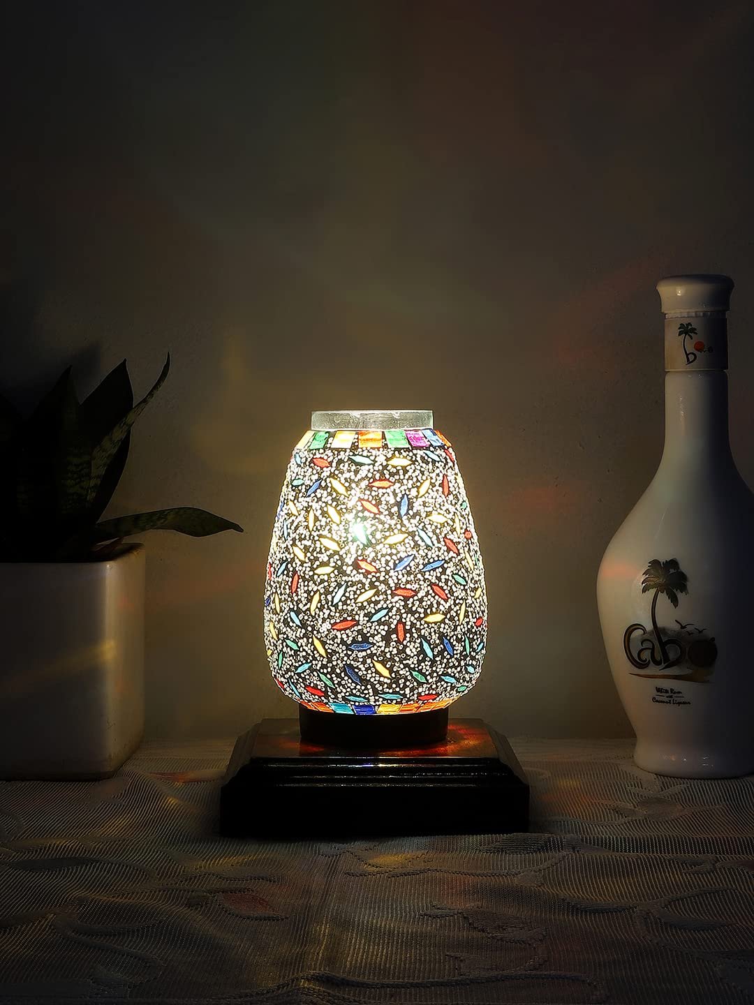 Dark Brown Square Wood Multicolor Mosaic Glass Table Lamp -FD59