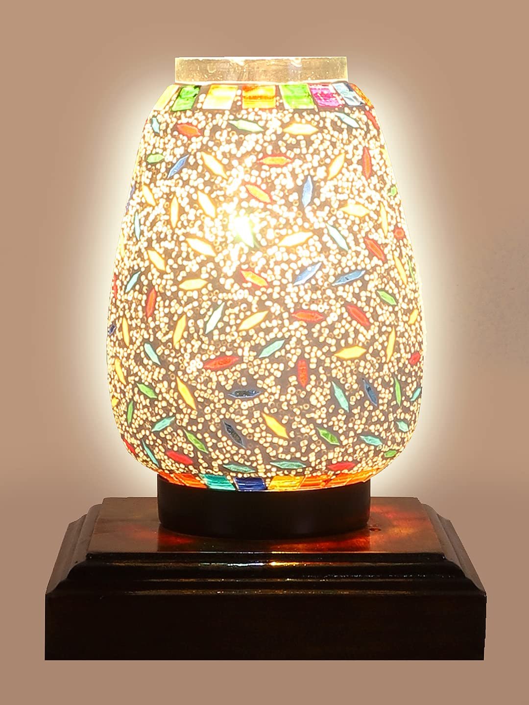 Dark Brown Square Wood Multicolor Mosaic Glass Table Lamp -FD59