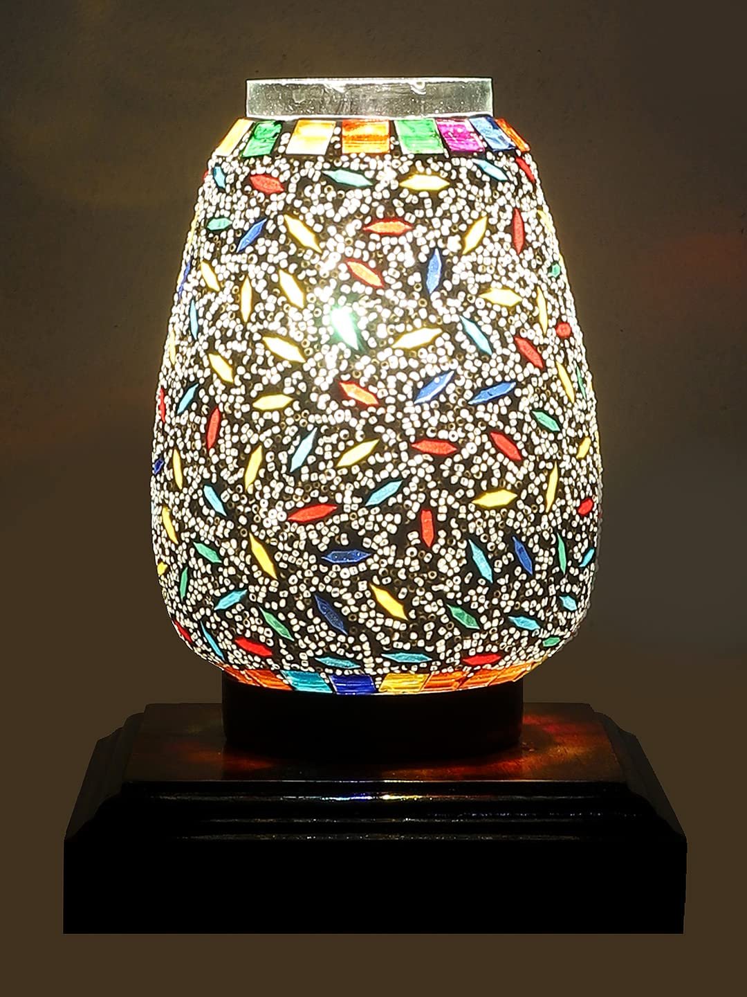 Dark Brown Square Wood Multicolor Mosaic Glass Table Lamp -FD59