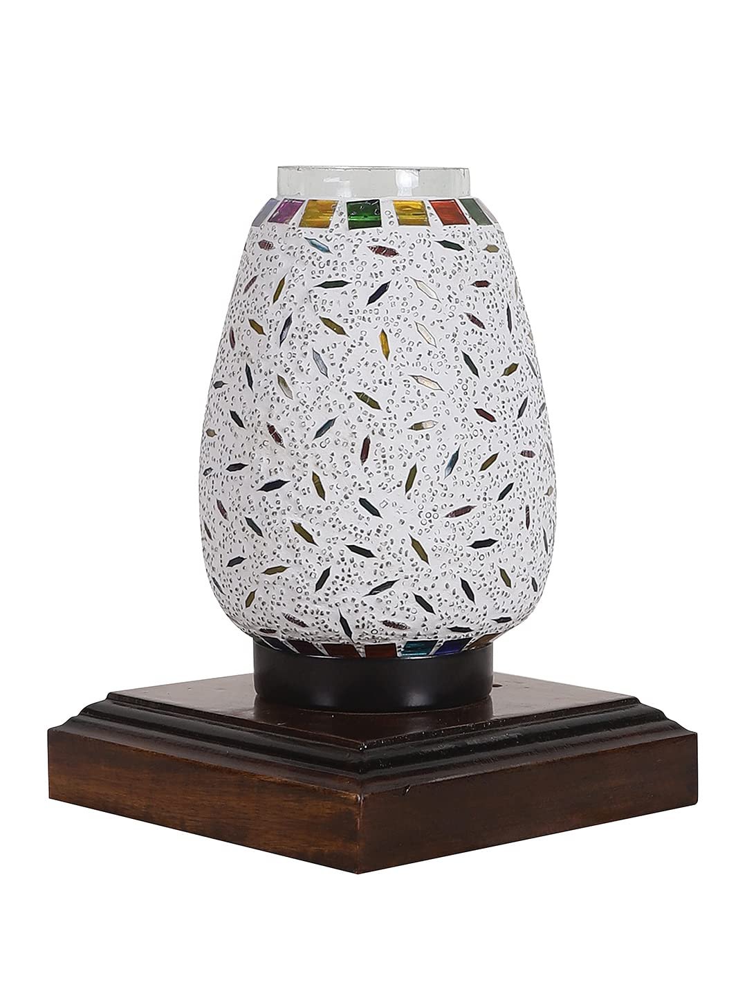 Dark Brown Square Wood Multicolor Mosaic Glass Table Lamp -FD59