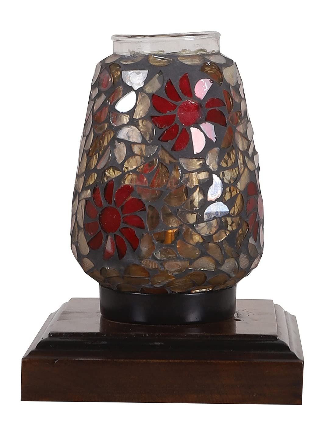 Dark Brown Square Wood Multicolor Mosaic Glass Table Lamp -FD60