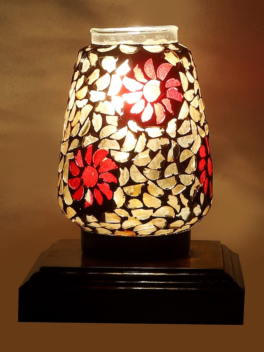 Dark Brown Square Wood Multicolor Mosaic Glass Table Lamp -FD60